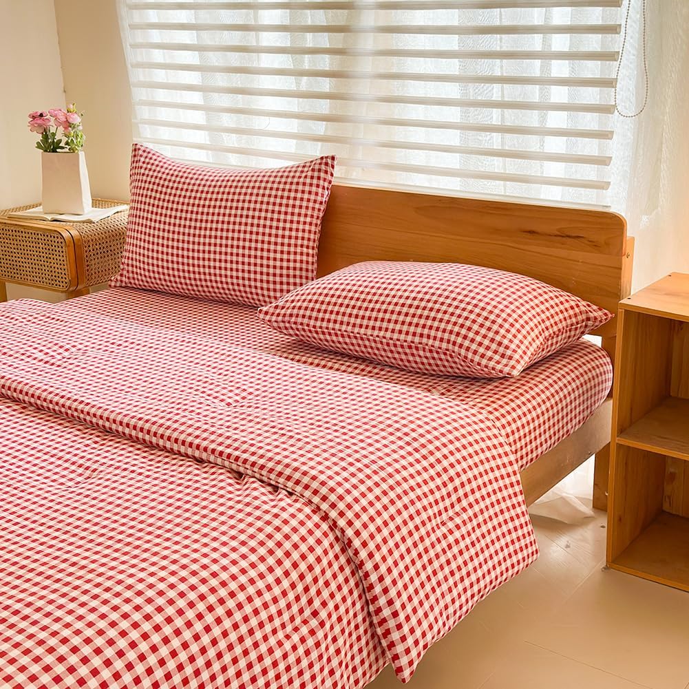 NSNLGSGC Twin Comforter Set with Red Gingham Design for Style