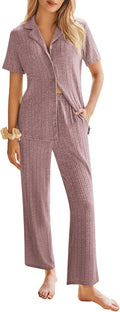 Ekouaer Womens Rib Knit Pajamas Button Up Set - Short Sleeve Top