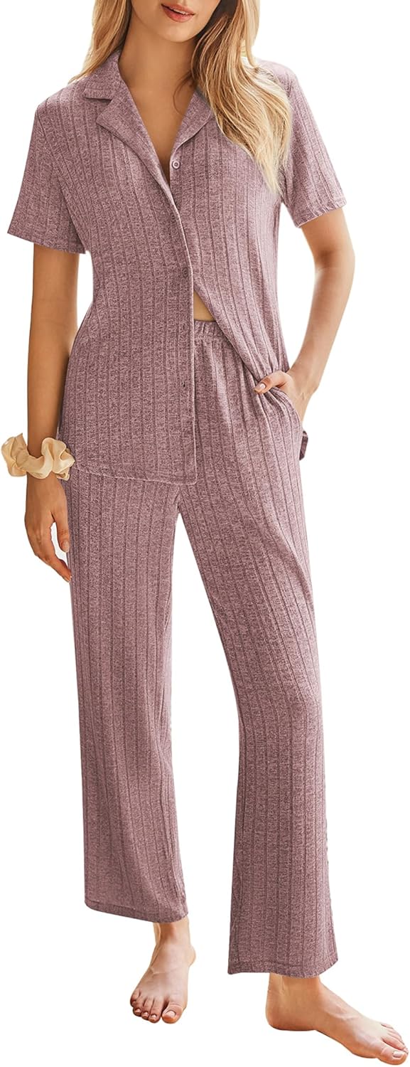 Ekouaer Womens Rib Knit Pajamas Button Up Lounge Sets for Comfort