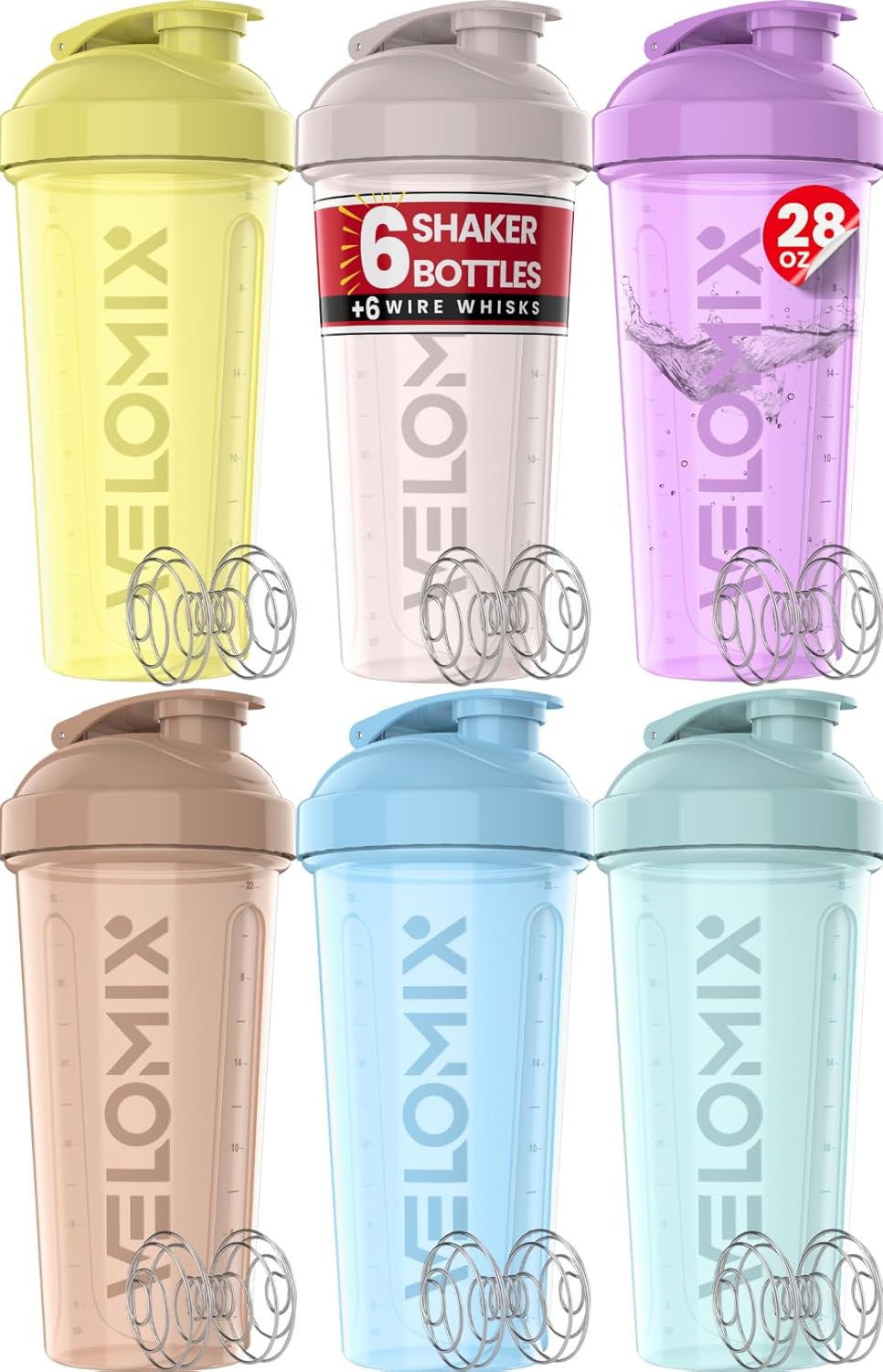 VELOMIX Protein Shaker Cups - 6 Pack Wire Whisk - Leak Proof Bottle Set