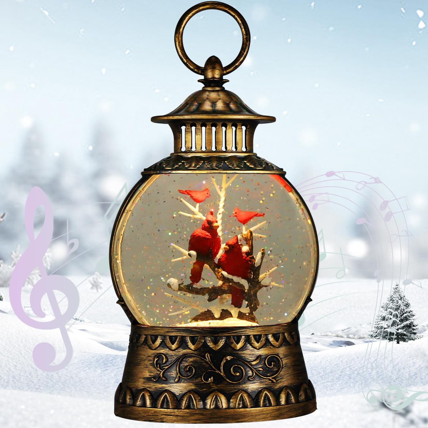 Cardinal Christmas Snow Globe Lantern with Musical Lights