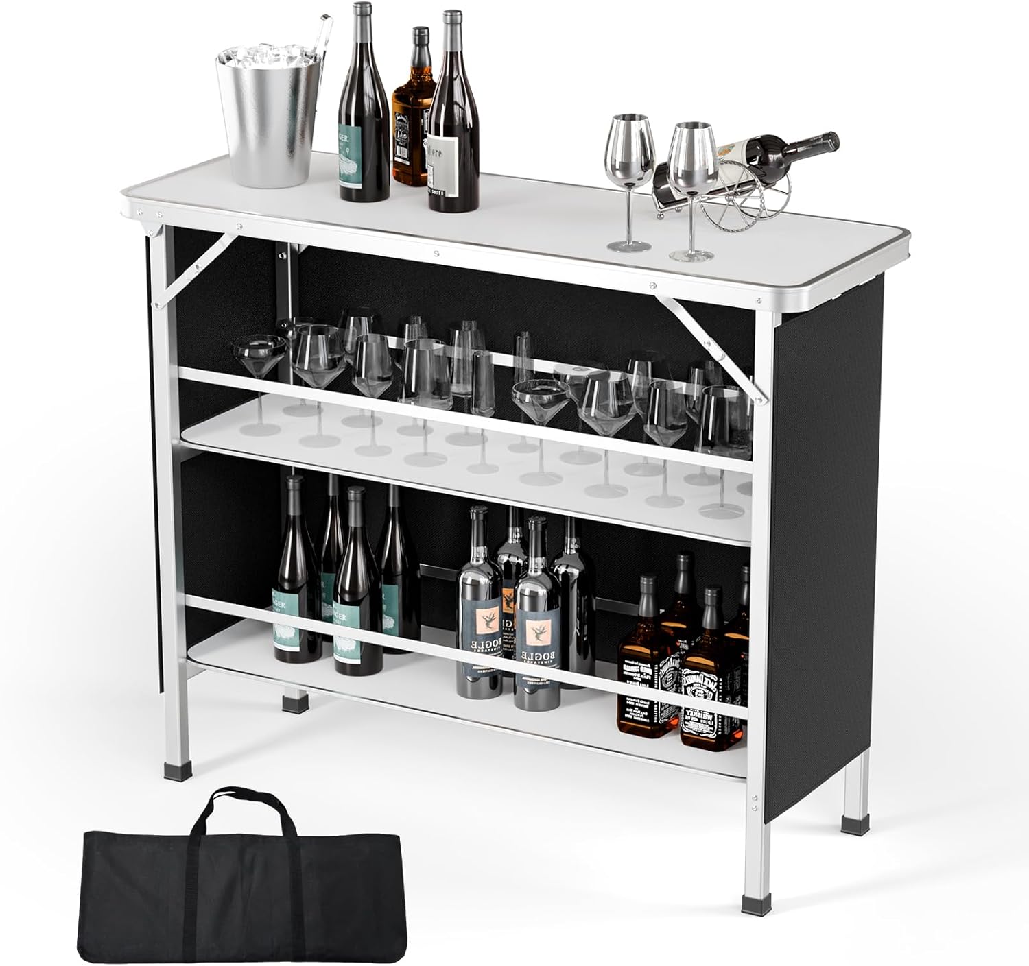 Portable Bar Table with Pole and 3-Tier Shelves for Events