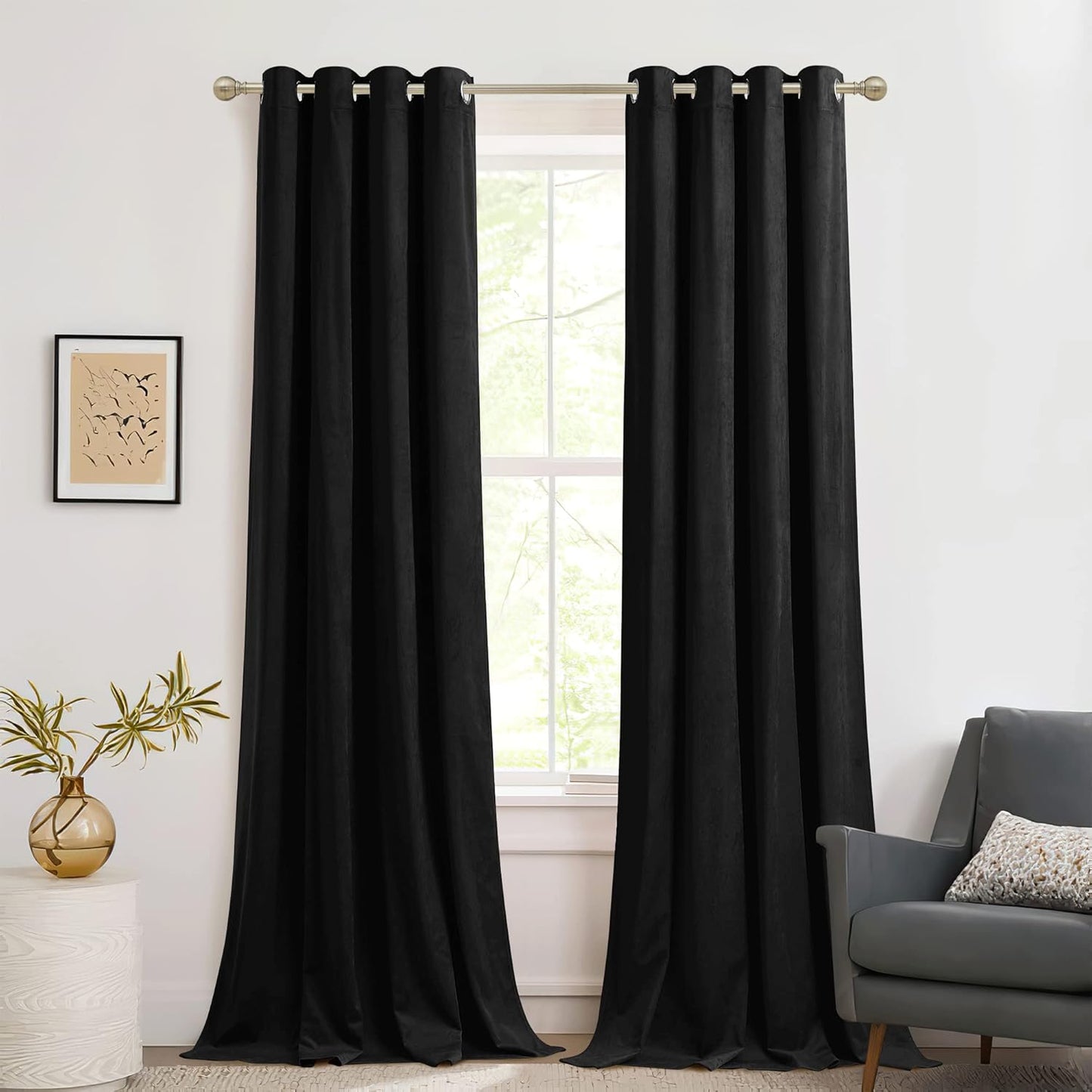 RYB HOME Black Velvet Curtains - Room Darkening Heavy Duty Drapes