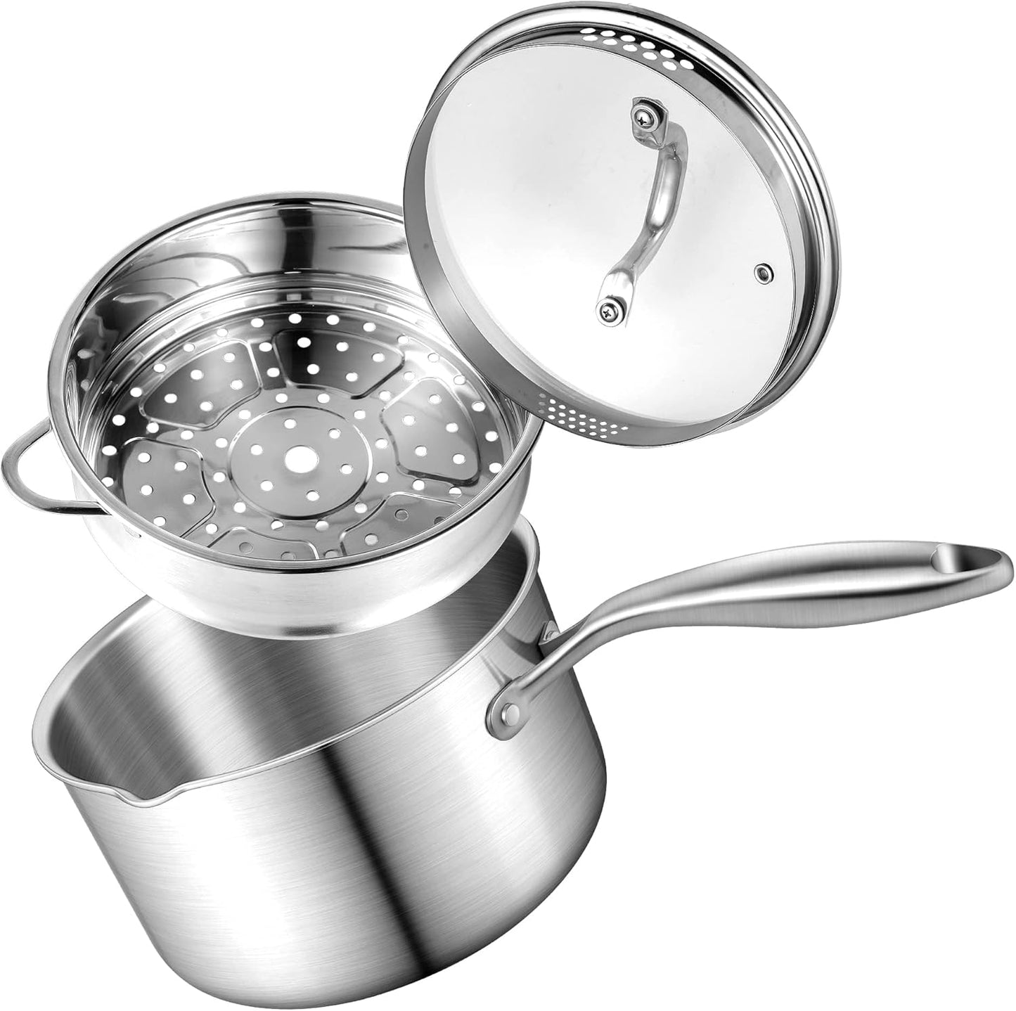 3.5 Quart Stainless Steel Saucepan with Steamer Basket Design