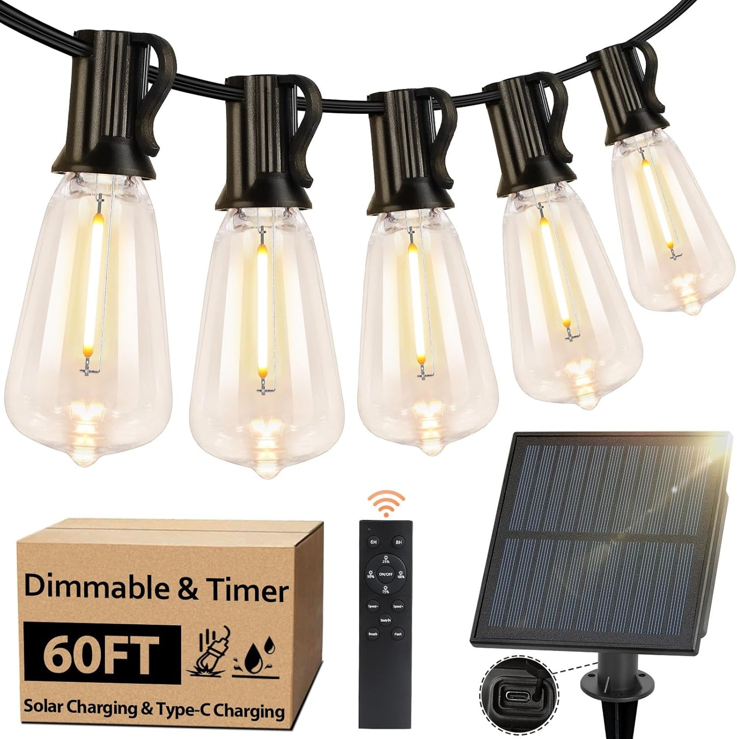 Bosceos Solar Outdoor String Lights - 60FT Waterproof Dimmable