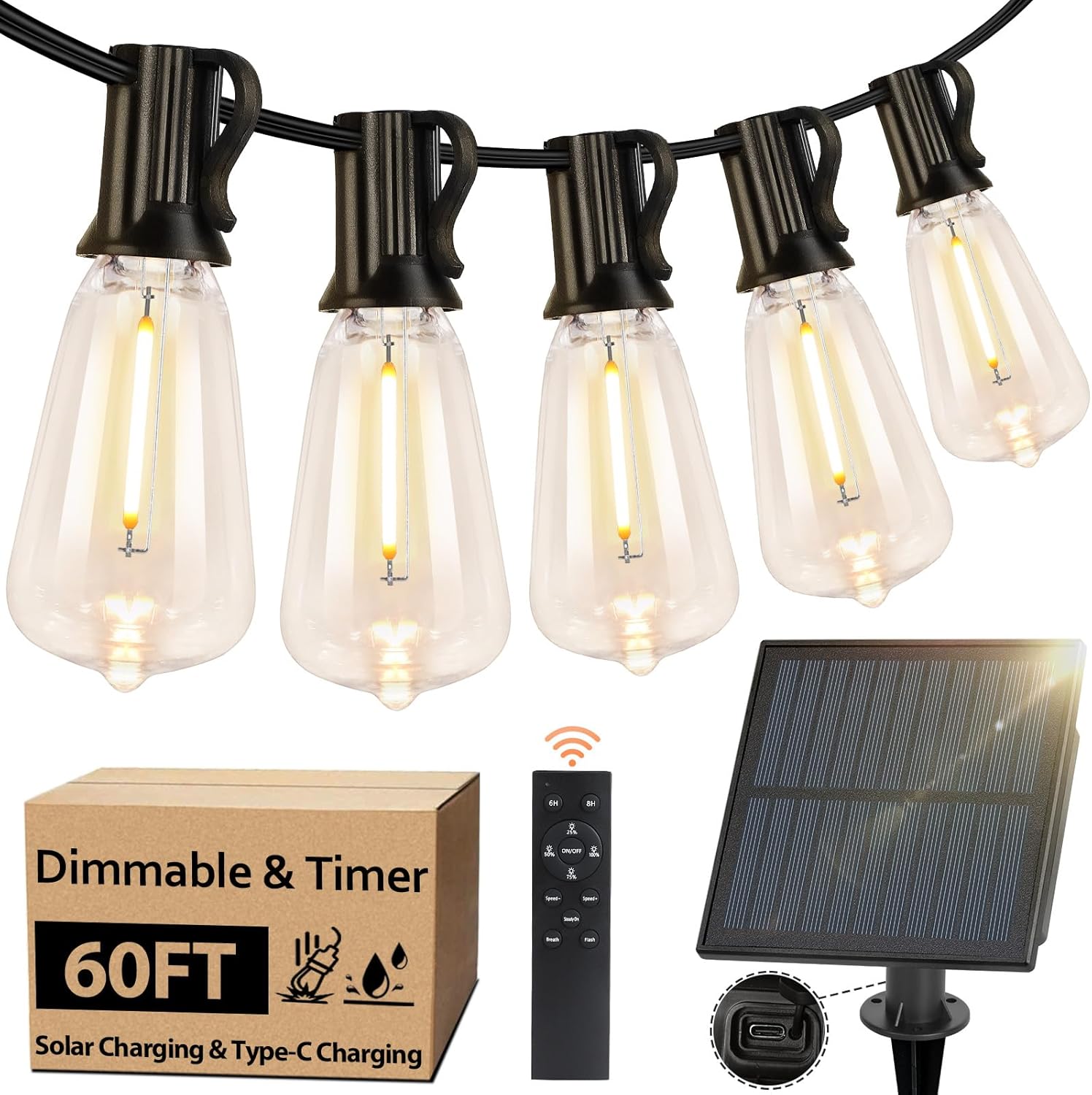 Bosceos Solar Outdoor String Lights - 60FT Waterproof Dimmable