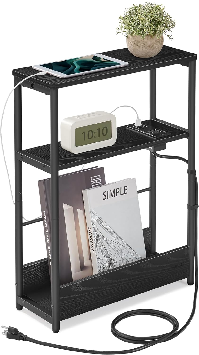 VASAGLE Narrow End Table with Charging Station for Small Spaces