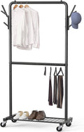 Double Rod Garment Rack with Wheels and Hooks - Compact Storage