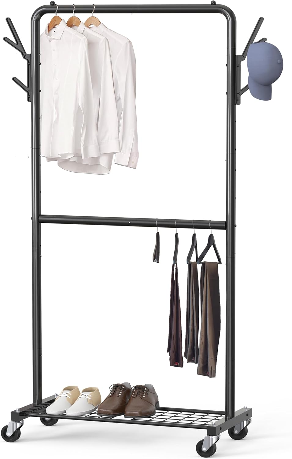 Double Rod Garment Rack with Wheels and Hooks for Storage
