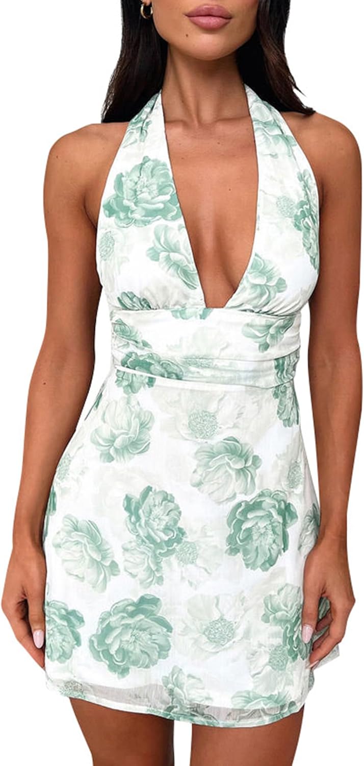 GOKATOSAU Women's Halter Deep V Neck Flowy Chiffon Mini Dress