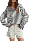 UNCLECAT Women's Striped Checkered V Neck Sweater (Style KQL6)
