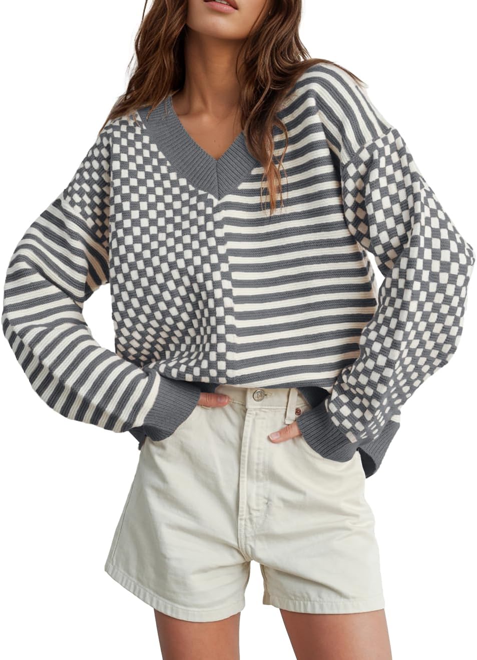 UNCLECAT Women's Striped Checkered Sweater for Trendy Style