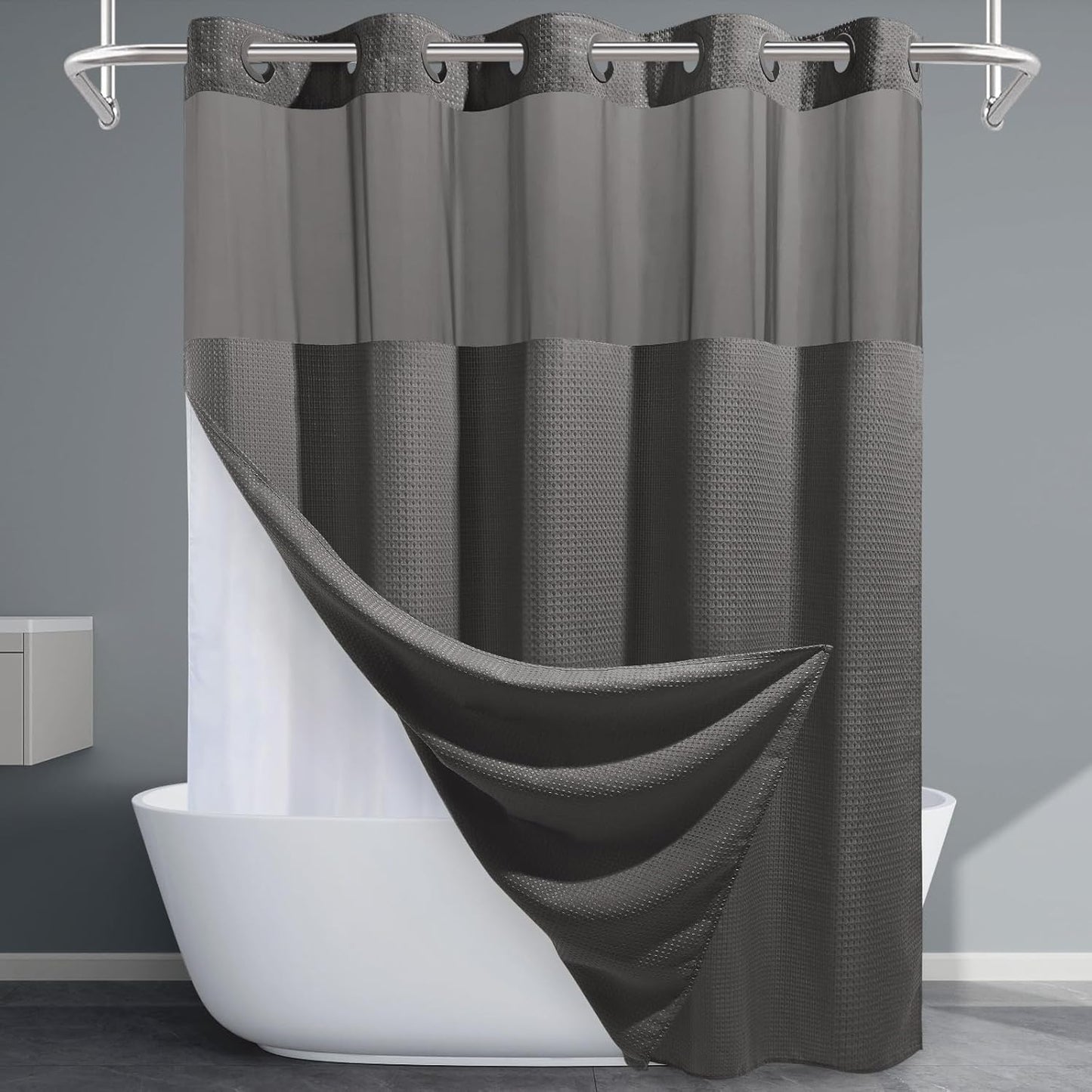 Charcoal Grey Long No Hook Shower Curtain with Snap in Liner