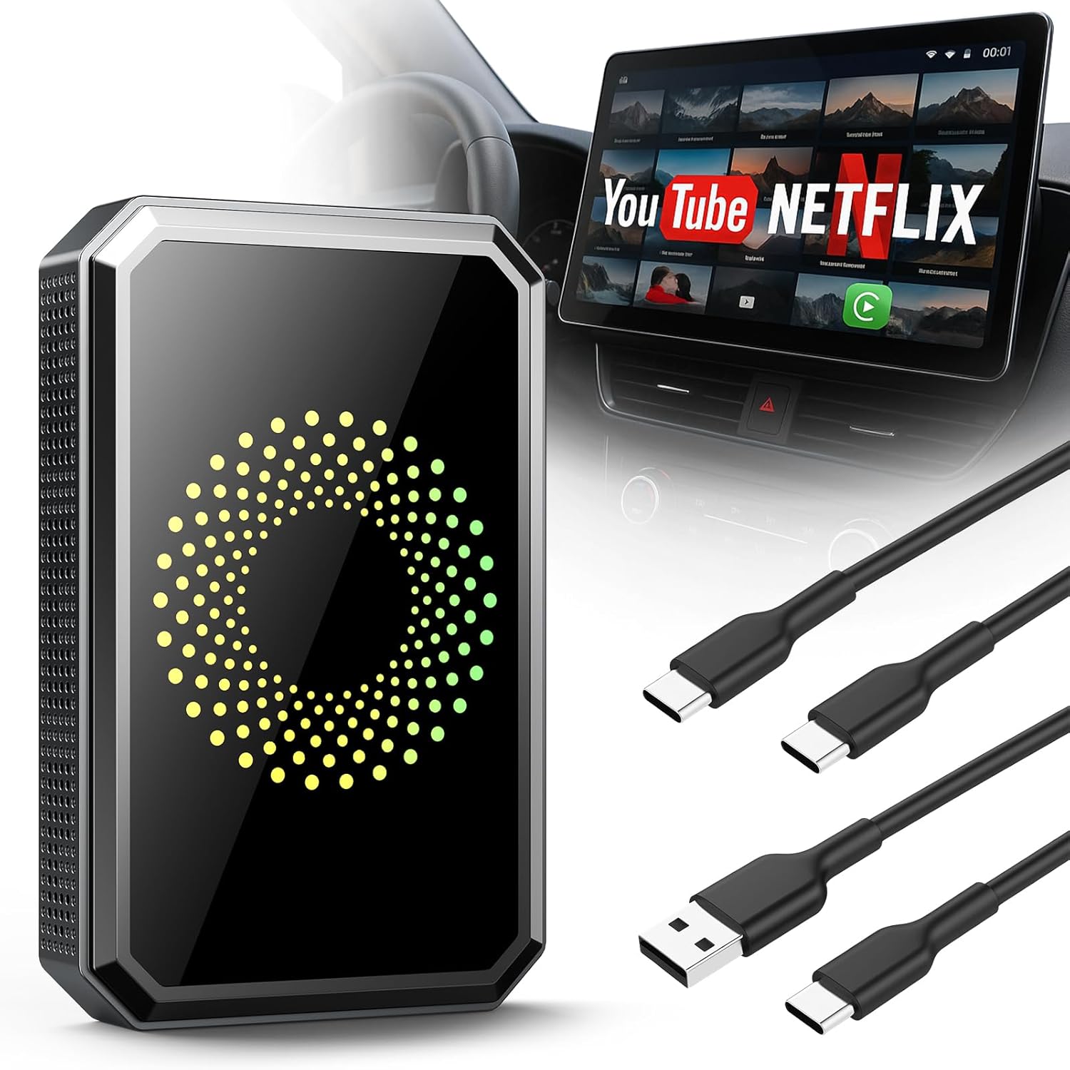 Volam 3-in-1 Wireless CarPlay Adapter for iPhone with Netflix