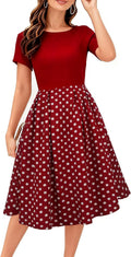 Women's Vintage Patchwork Swing Dress with Pockets - Puff Sleeve Midi