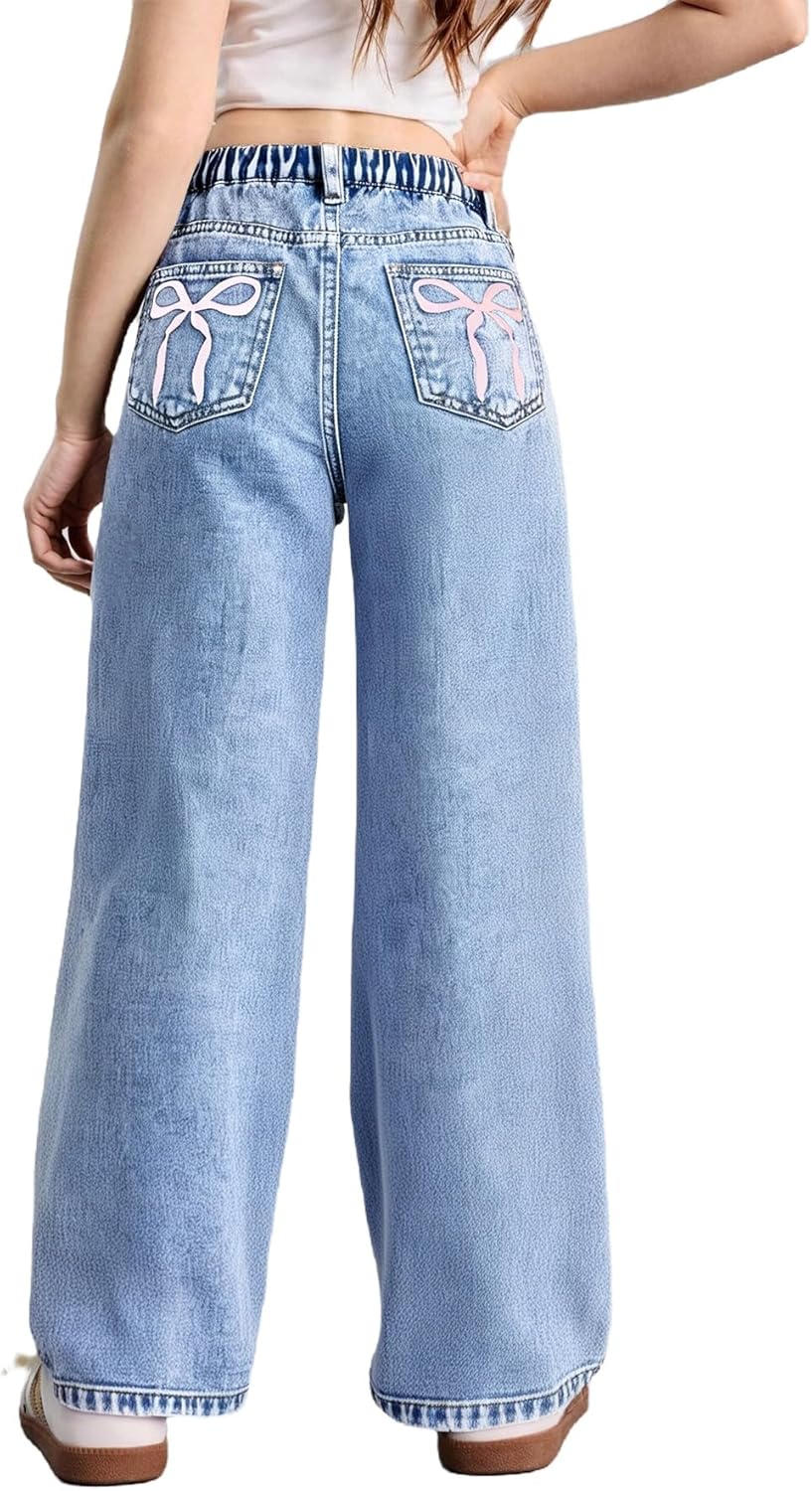 WDIRARA Girl's Bow Print Denim Pants for Stylish Comfort