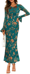 Women's Bell Sleeve Floral Maxi Dress - Bodycon Mesh Fall Style