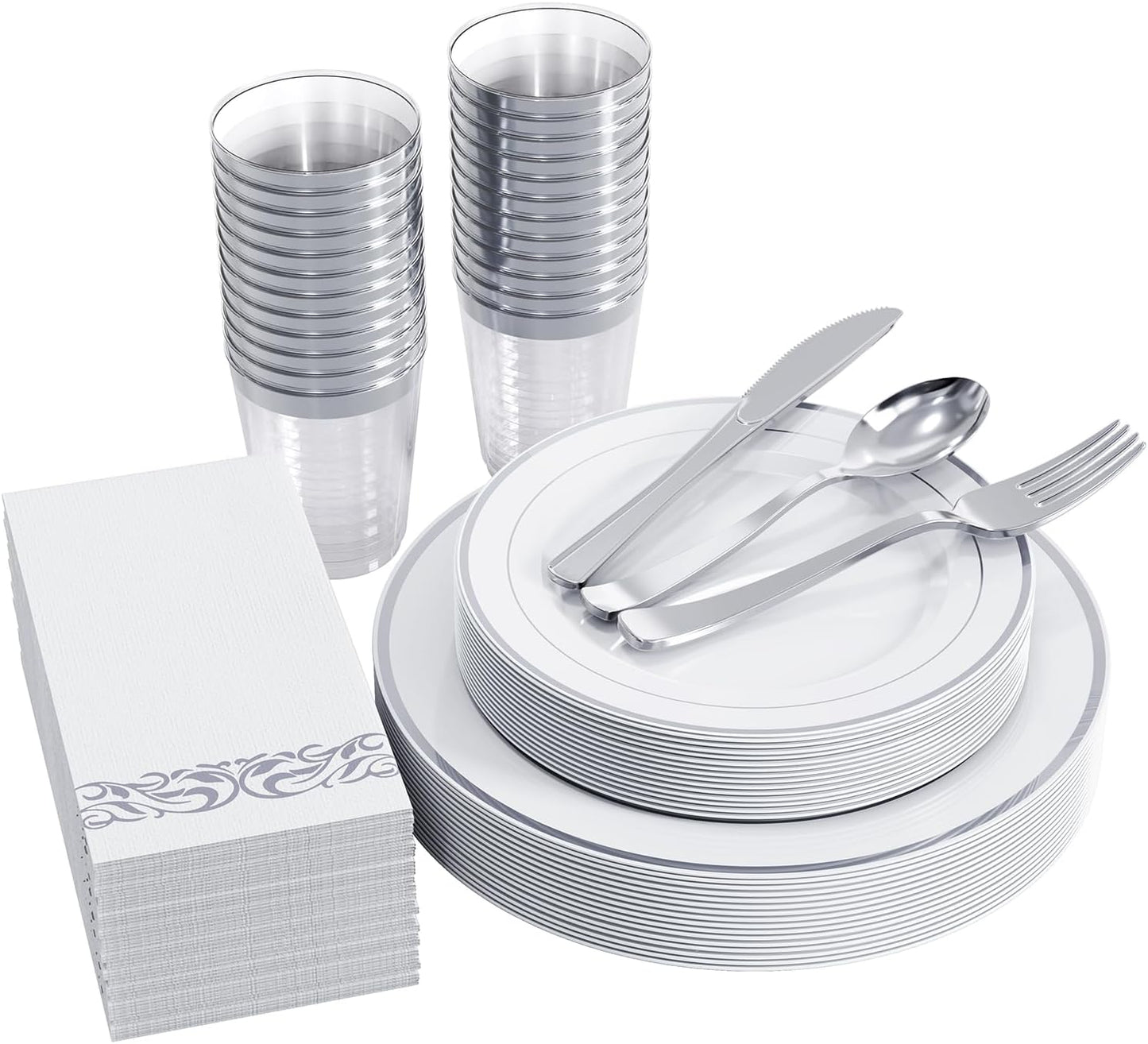 FOCUSLINE Silver Dinnerware Set for 25 Guests - Heavy Duty Plates