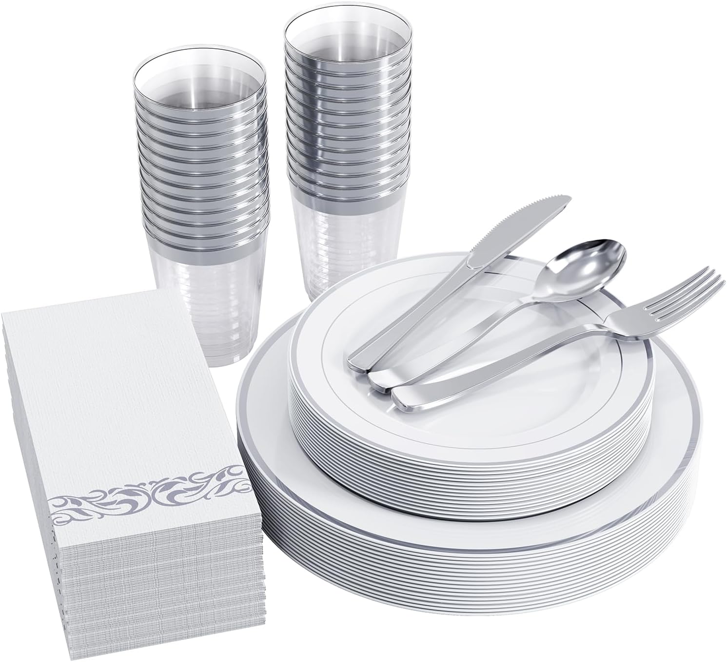 FOCUSLINE Silver Dinnerware Set for 25 Guests - Heavy Duty Plates