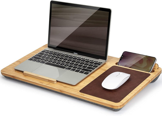 Bamboo Lap Desk - Portable Laptop Stand with Mouse Pad & Phone Holder