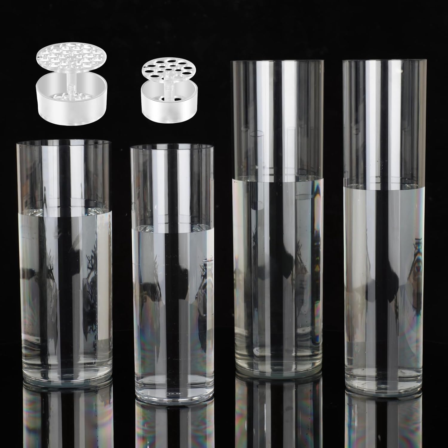 4 Large Acrylic Clear Cylinder Vases with Spiral Ikebana Holders