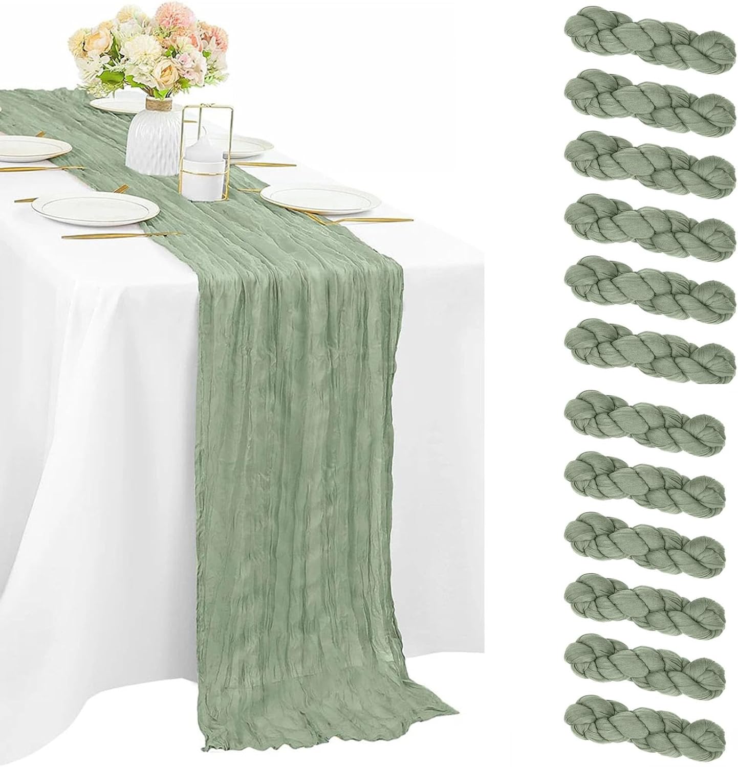 12 Pack Sage Green Gauze Cheesecloth Table Runners for Events