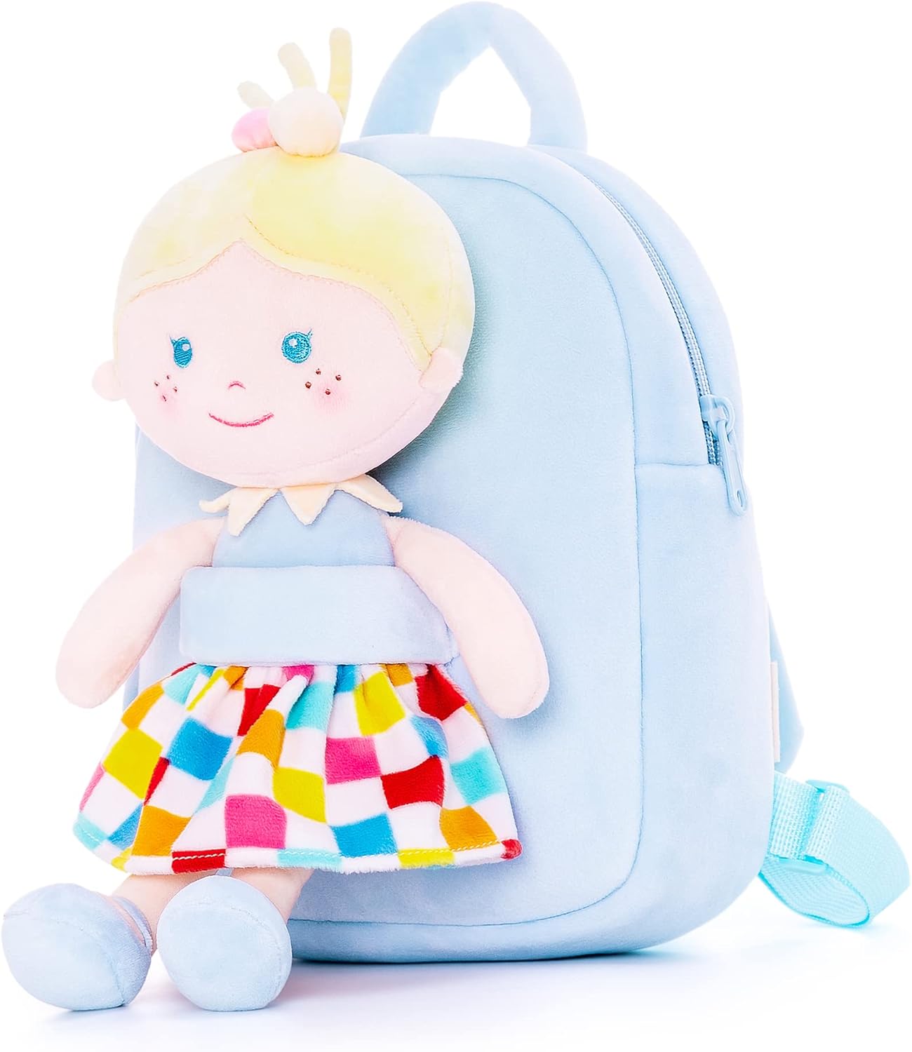 Onetoo Toddler Backpack with Soft Baby Doll - Plaid Dress, 9.5 - Adorable Playmate!