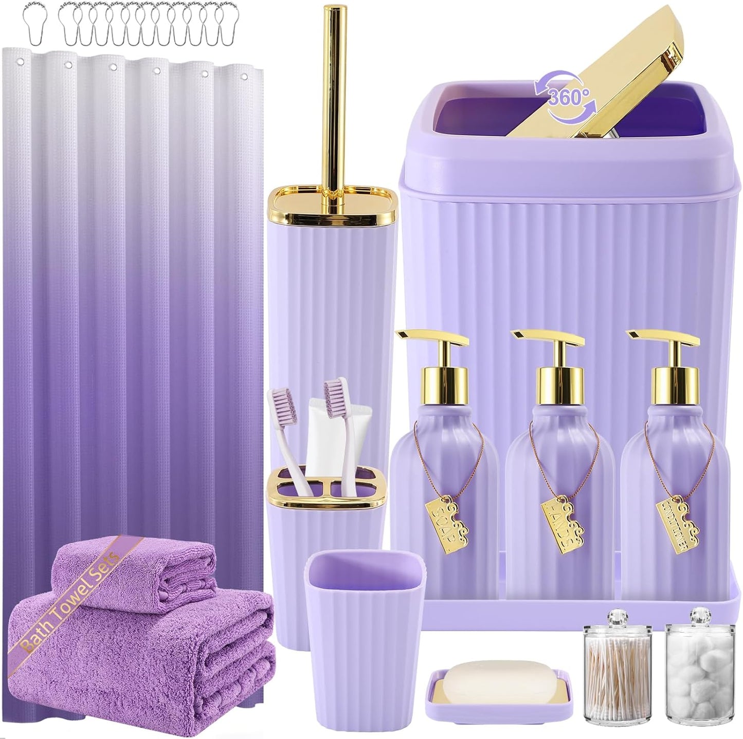 32PCS Bathroom Accessories Set with Purple Shower Curtain & Towels