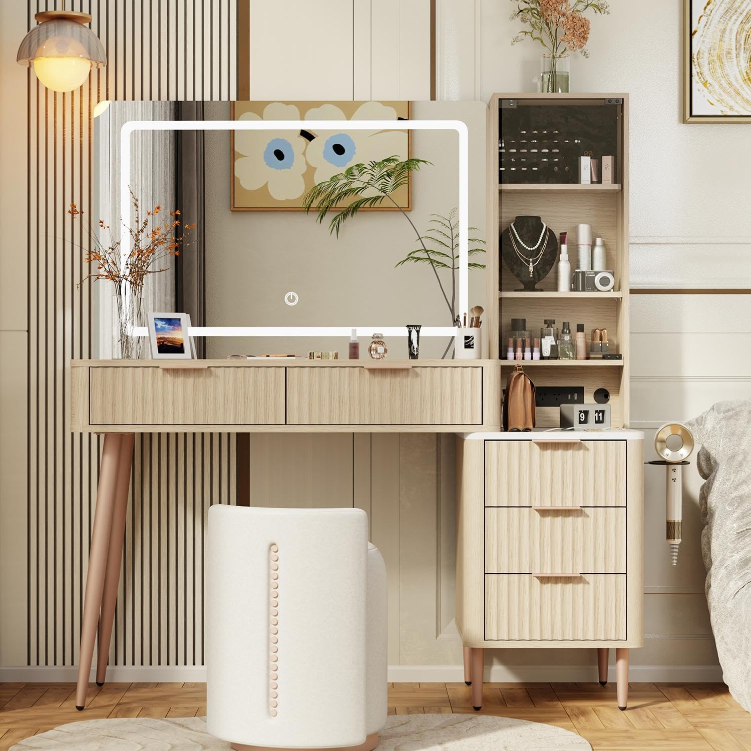 MODNEST Oak Makeup Vanity Desk with LED Lights - Organize & Beautify Your Space