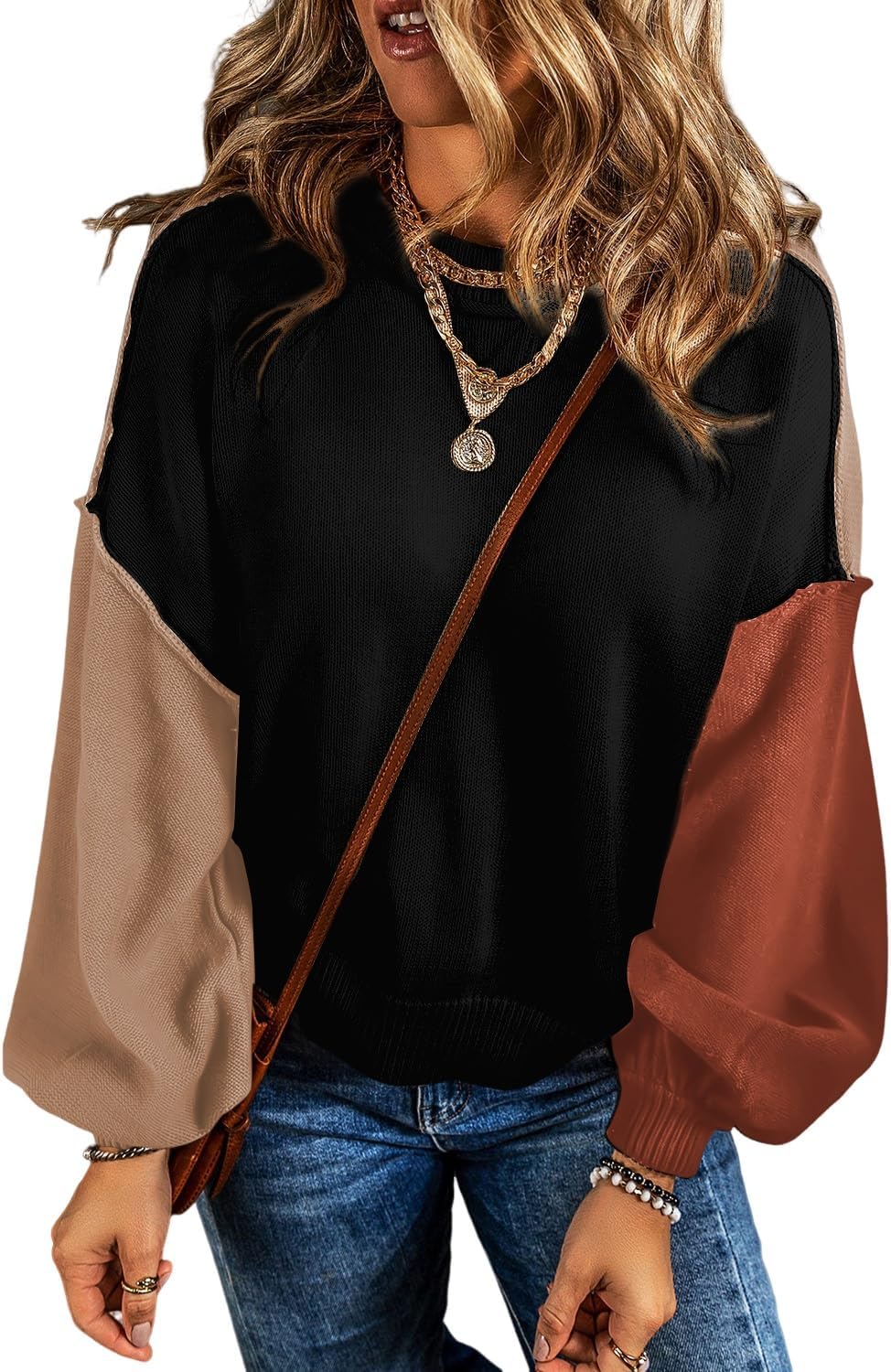 Dokotoo Women's Colorblock Crewneck Sweaters for Fall Style