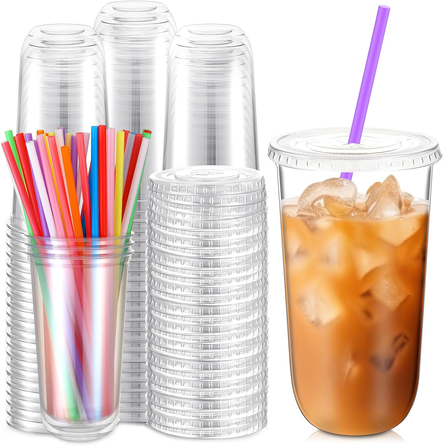 100 Pack Clear Plastic Cups with Lids and Straws for Drinks