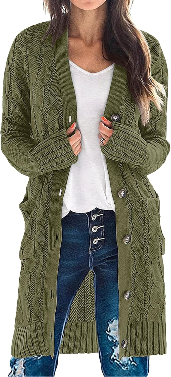 MEROKEETY Women's Long Sleeve Cable Knit Cardigan Sweater