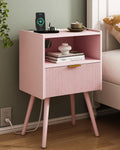 Pink Nightstand with Outlet and Drawer - Modern Bedside Table