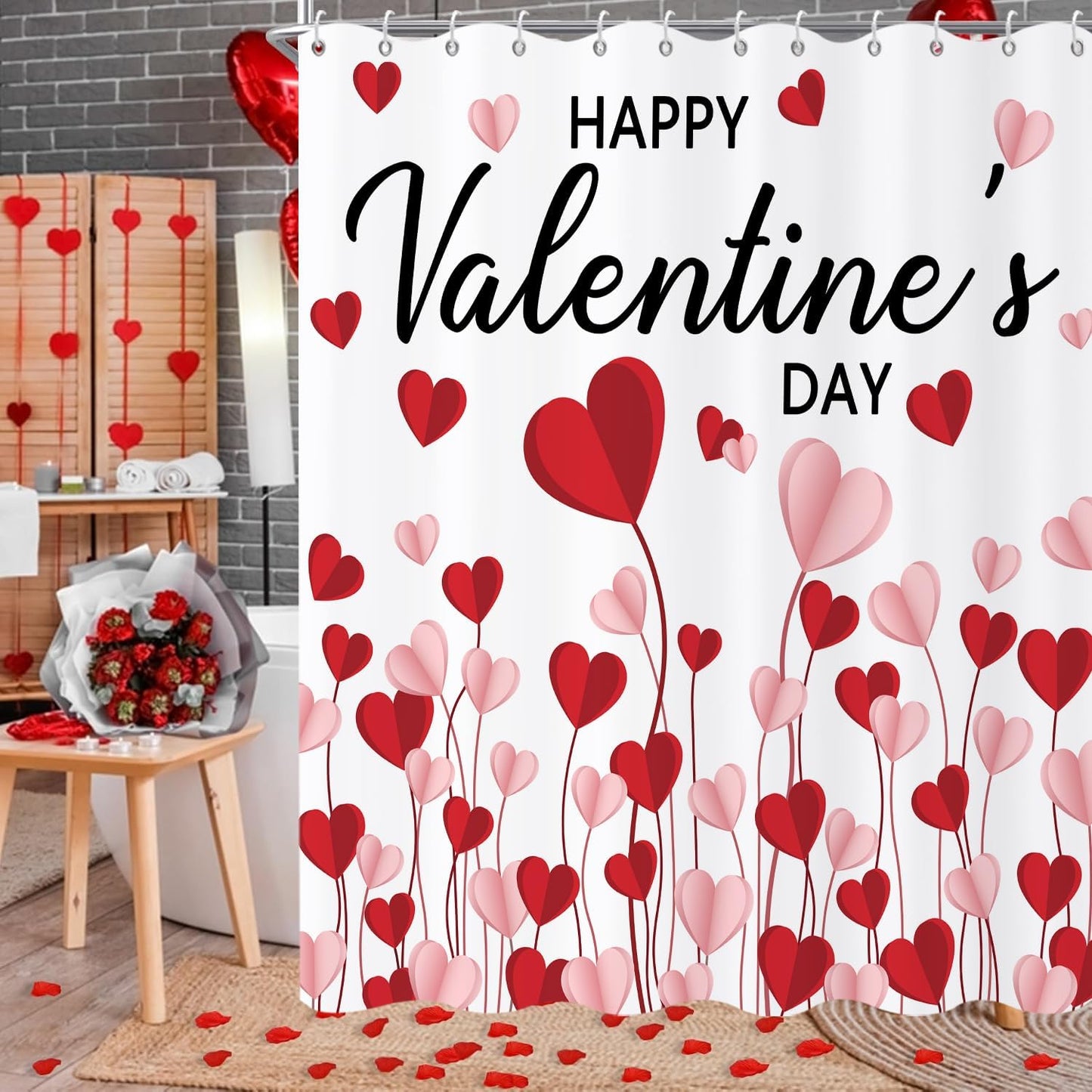 Romantic Love Heart Shower Curtain, Waterproof Fabric, Machine Washable