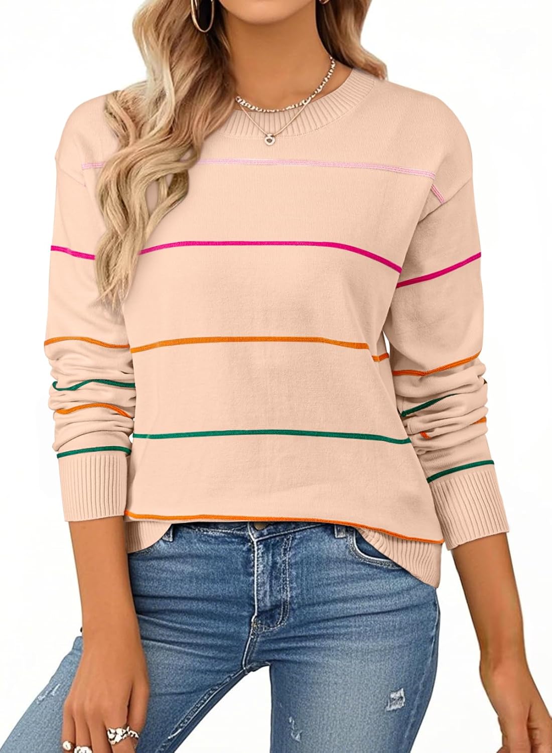 SHEWIN Womens Sweaters Crew Neck Knit Long Sleeve Striped Style