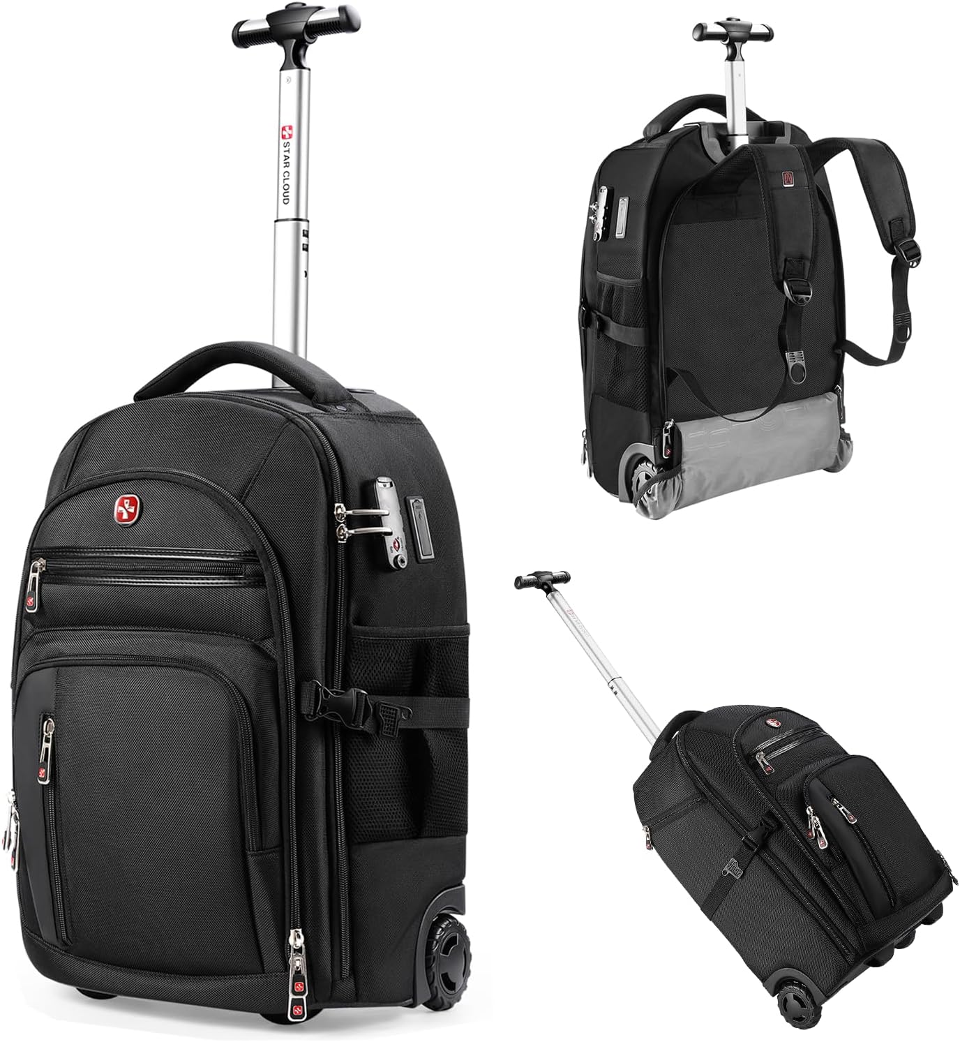 Rolling Backpack with Wheels, USB Charging Ports for Travel