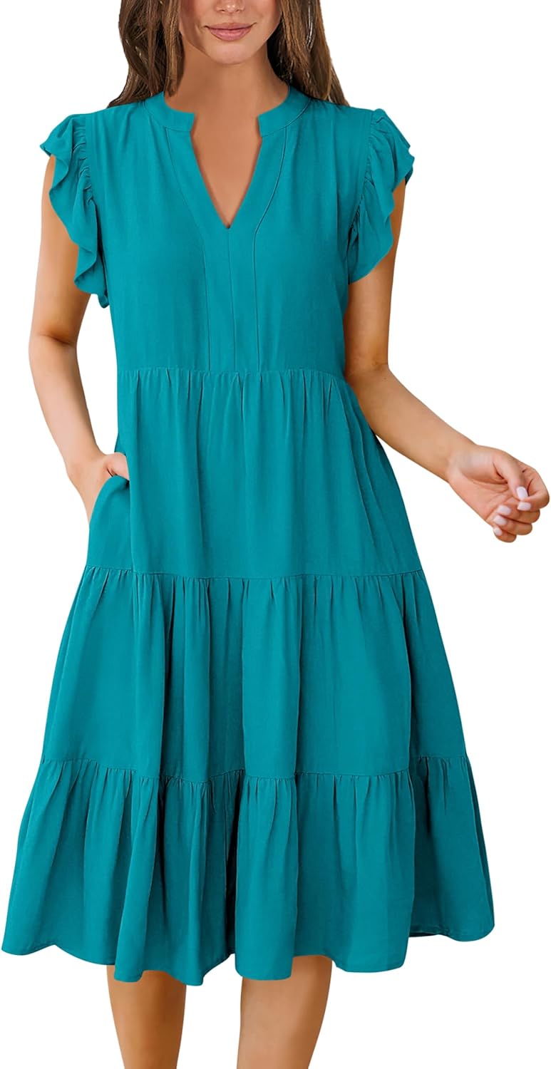 ANRABESS Womens Summer Dress Ruffle Sleeve V Neck Midi Fashion