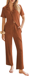 Ekouaer Womens Rib Knit Pajamas Short Sleeve Top and Long Pants