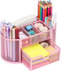 Pink Mesh Desk Organizer Pen Holder with Drawer - Compact Desk Storage