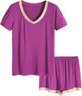 Latuza V-neck Sleepwear Short Sleeve Pajama Set - Cool Satin Trim Top