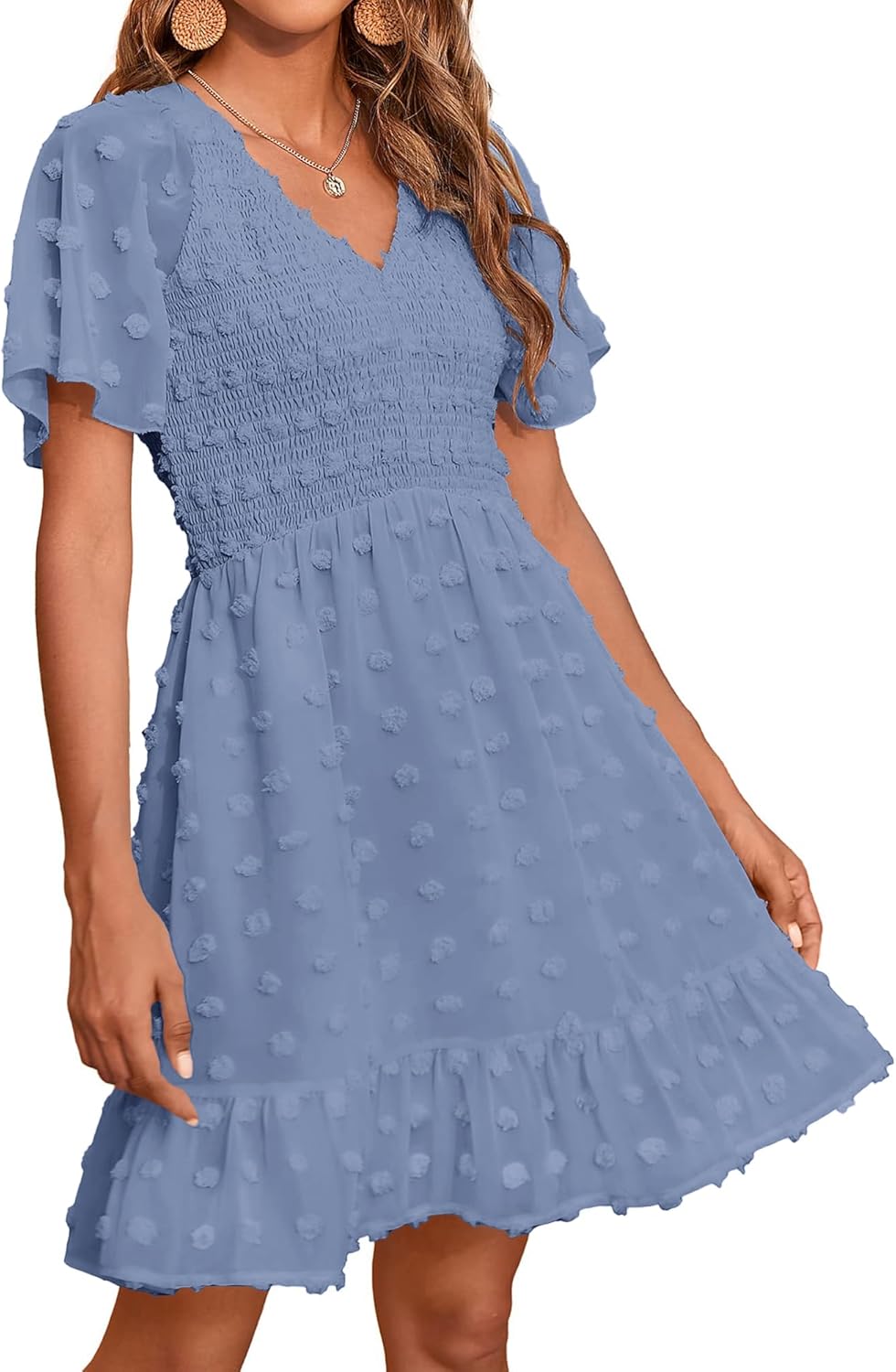 Womens Beach Vacation Dress V Neck Short Sleeve Casual Mini