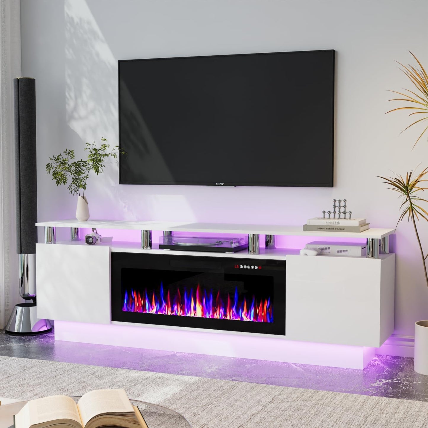 70 White Fireplace TV Stand: Modern Electric Entertainment Center