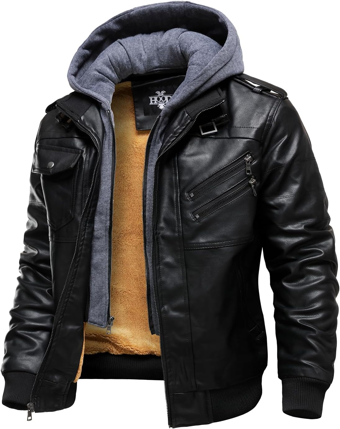 HOOD CREW Mens Casual Stand Collar Faux Leather Motorcycle Jacket