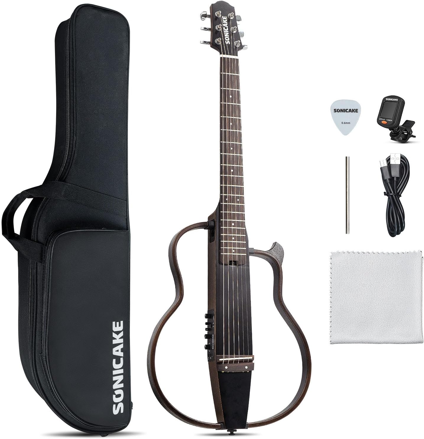 Portable Sonicake Travel Guitar Kit - Solid Mahogany, Rechargeable Preamp