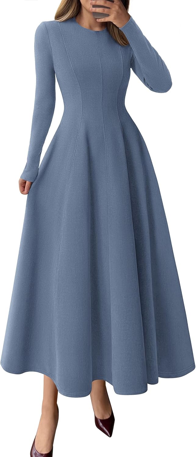 Elegant Classy Fall Long Sleeve Midi A Line Flowy Dress