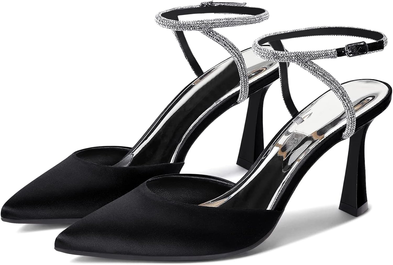Coutgo Women Rhinestone Heels Kitten High Satin Pumps for Weddings