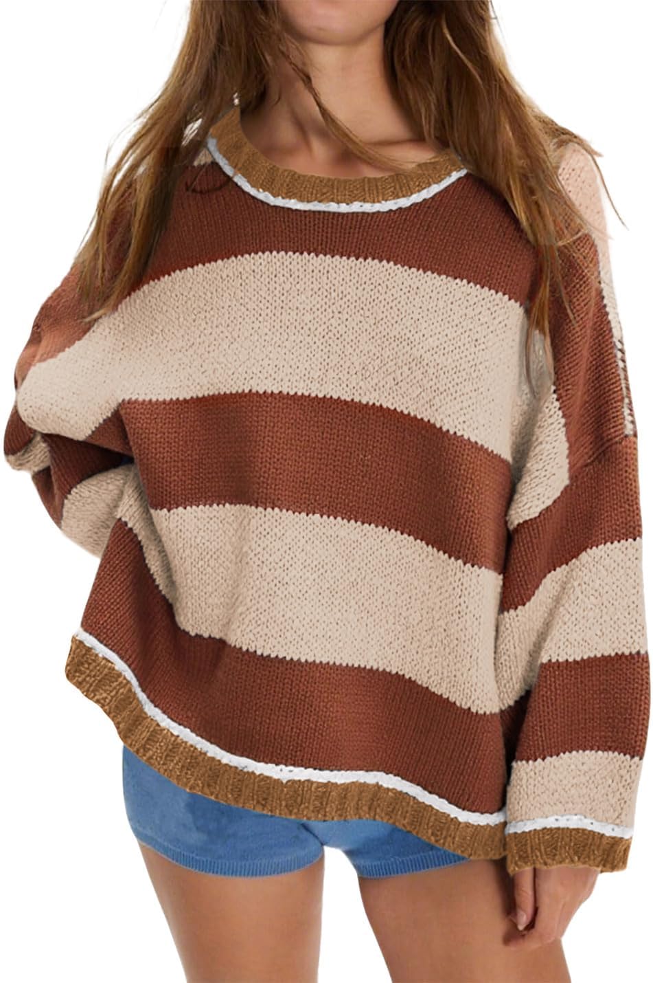 Womens Fall Color Block Striped Sweater for Cozy Style
