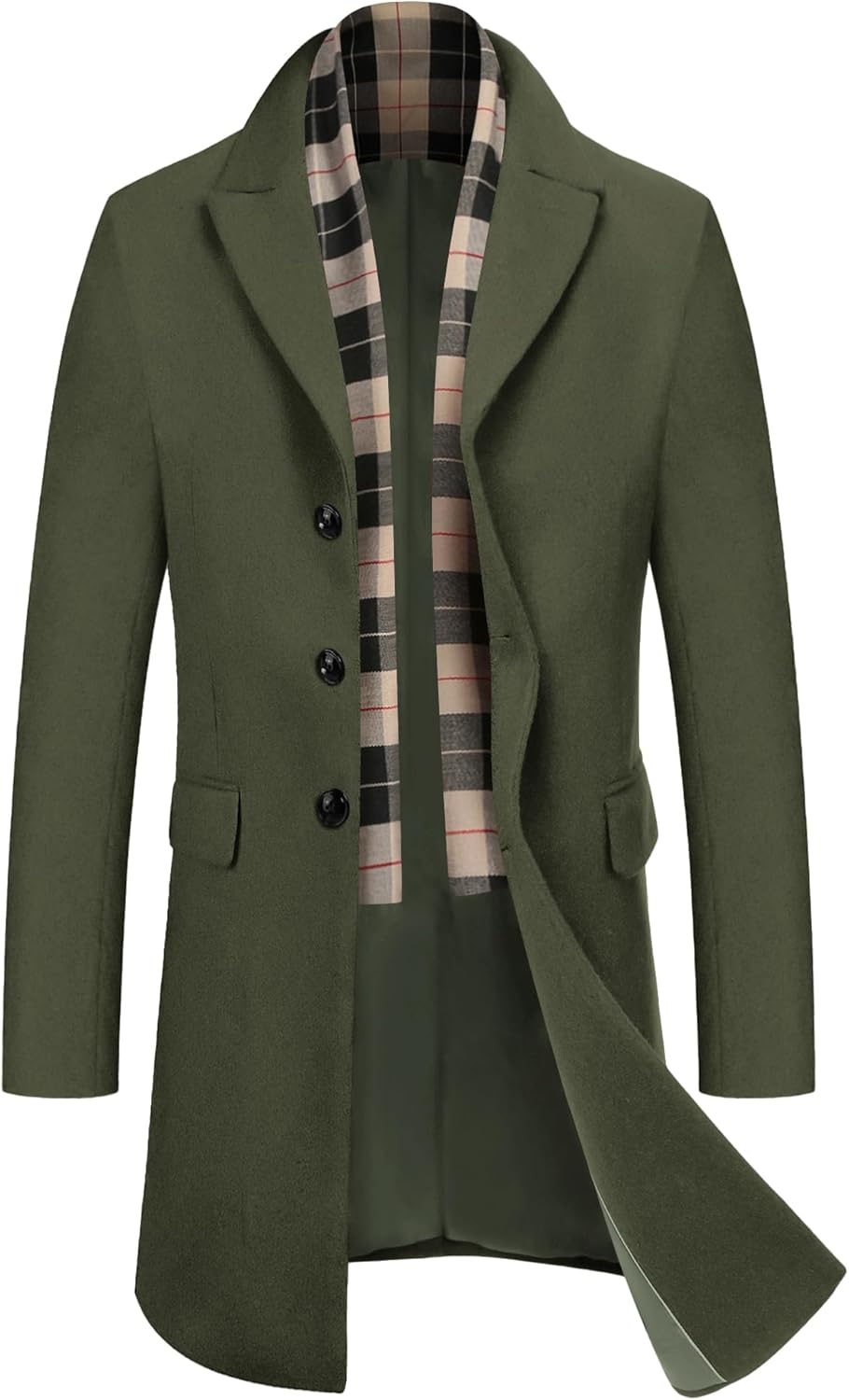 Stylish Men's Wool Blend Coat with Detachable Plaid Scarf