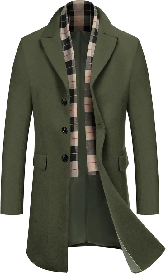 Stylish Men's Wool Blend Coat with Detachable Plaid Scarf