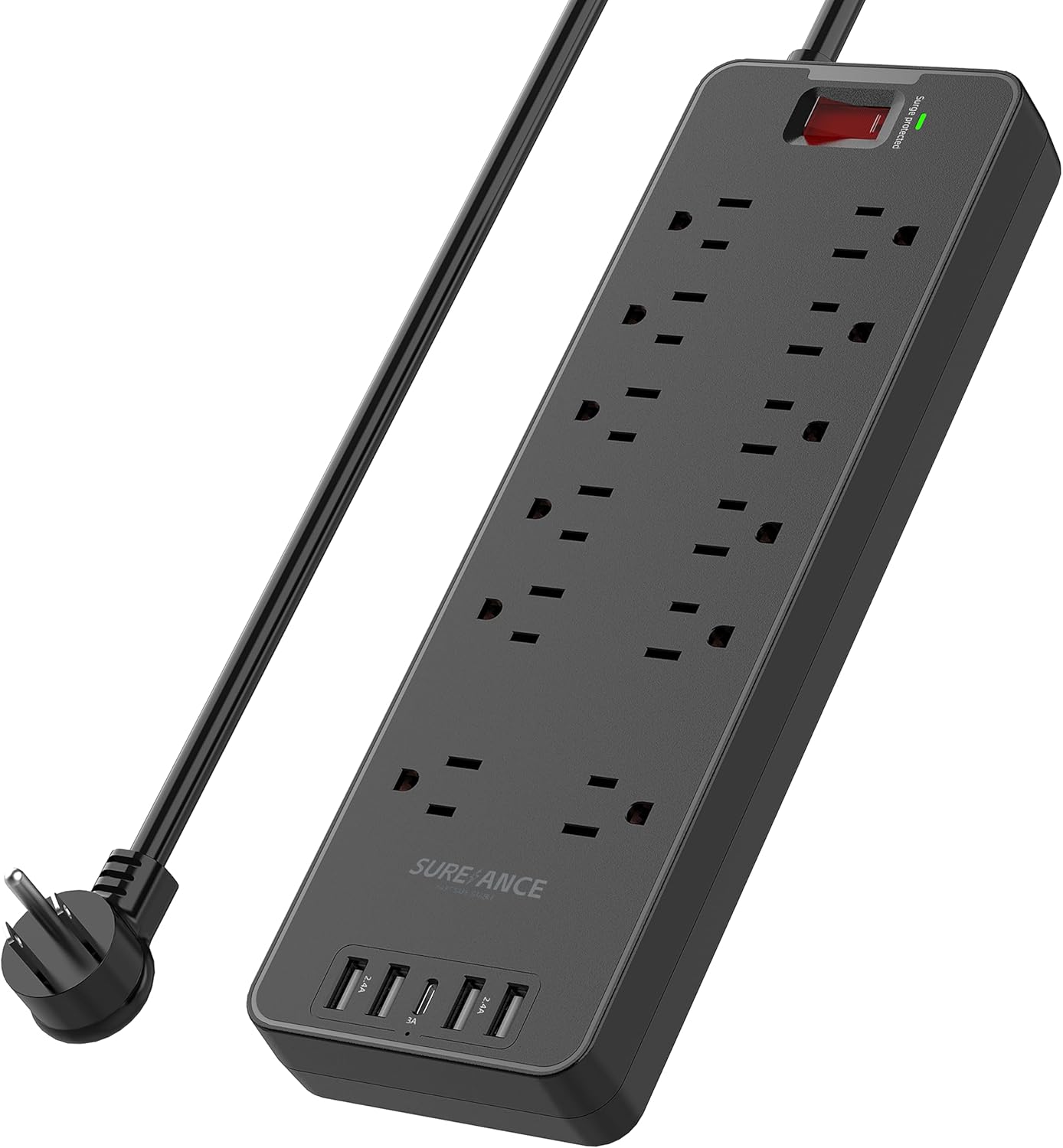 Surge Protector Power Strip - 12 Outlets, 4 USB + 1 USB-C - ETL Certified - SUREANCE